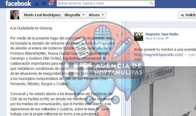 Renuncia Mario Leal vía Facebook Renuncia Mario Leal vía Facebook