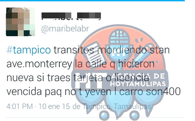 Denuncian por extorsi�n a tr�nsitos de Tampico en Twitter